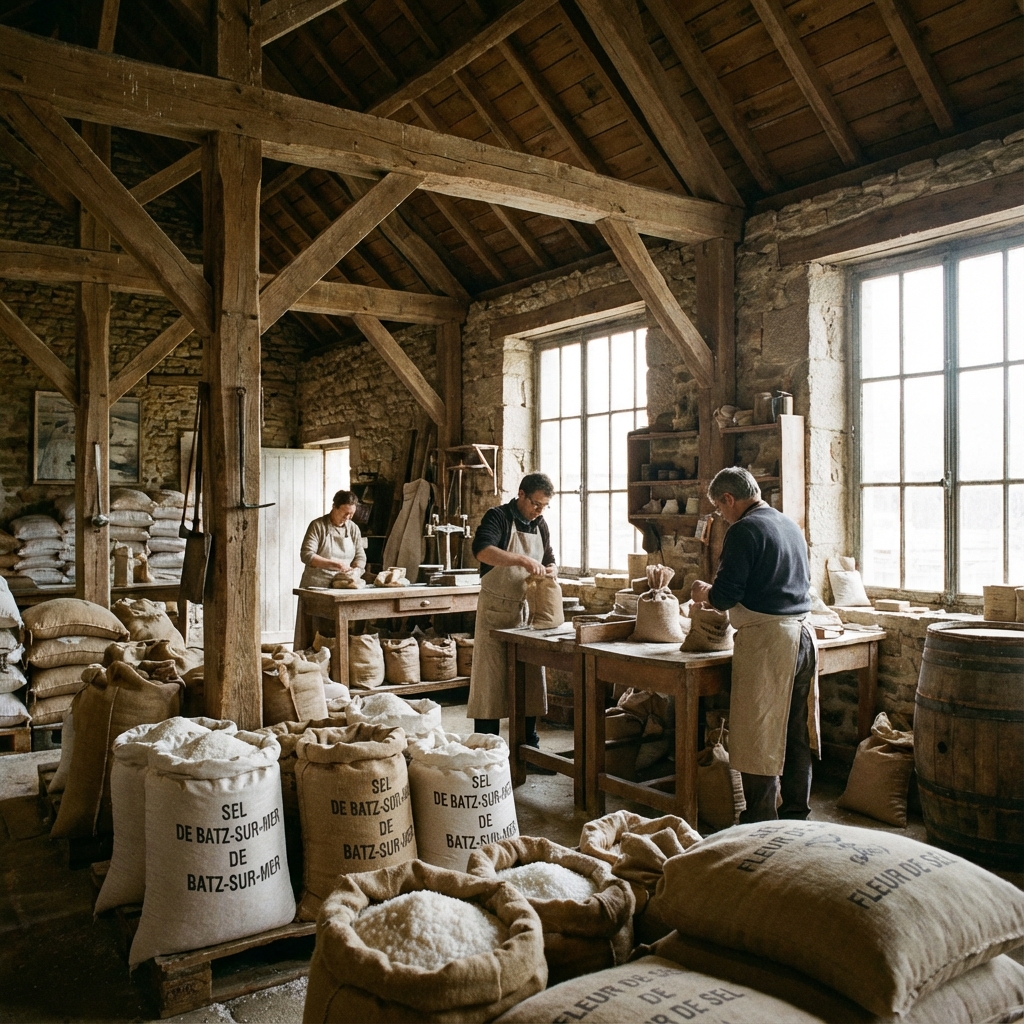 Interior of the rustic wooden salt packaging house with aged timber beams and linen bags of salt