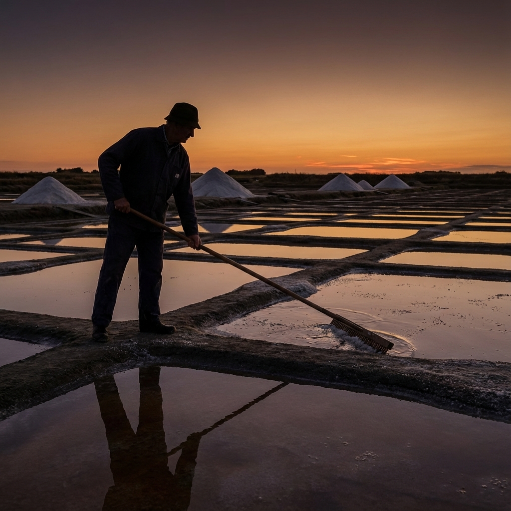 Paludier salt worker using traditional lousse tool to harvest salt at sunset