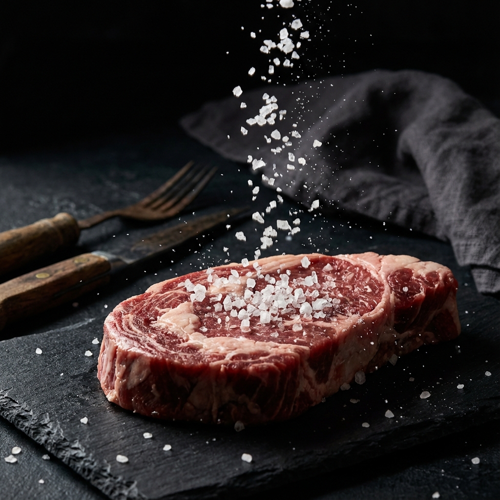 High-speed photography of coarse sea salt crystals falling onto raw beef steak